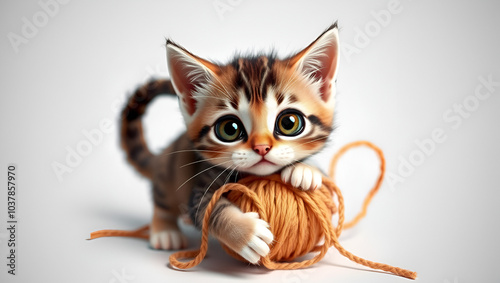 A 3D mischievous kitten, entangled in a ball of yarn, its wide eyes full of playful mischief, on a white background. photo