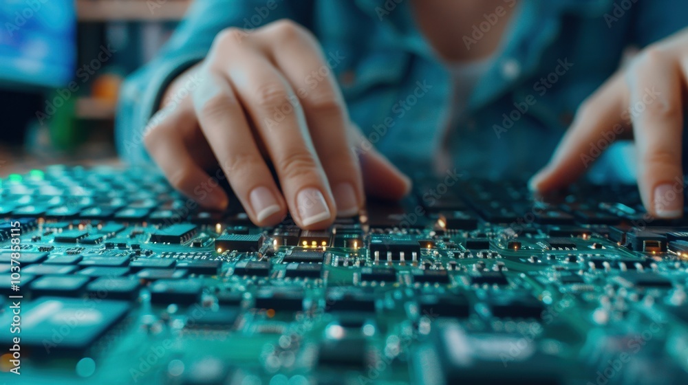 Close-up of hands working on a printed circuit board, highlighting technology and electronics craftsmanship in modern engineering. Close-up of hands working on a printed circuit board, highlighting technology and electronics craftsmanship in modern engineering.