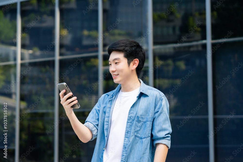 Portrait of handsome Asian student using smartphone. Young man standing outdoor happy smiling with holding mobile phone Portrait of handsome Asian student using smartphone. Young man standing outdoor happy smiling with holding mobile phone