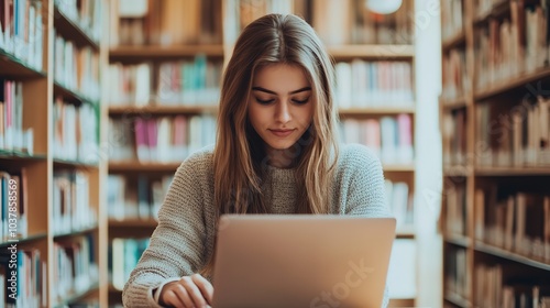 Beautiful Caucasian Female Student Working on a Laptop