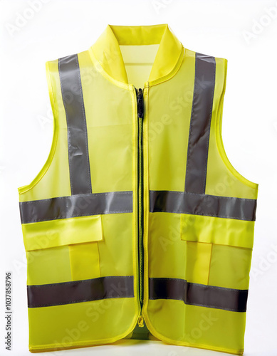 A lime-yellow safety vest with reflective gray stripes. It has two pockets and a zipper. The background is solid white. No people; conveys safety and preparedness.