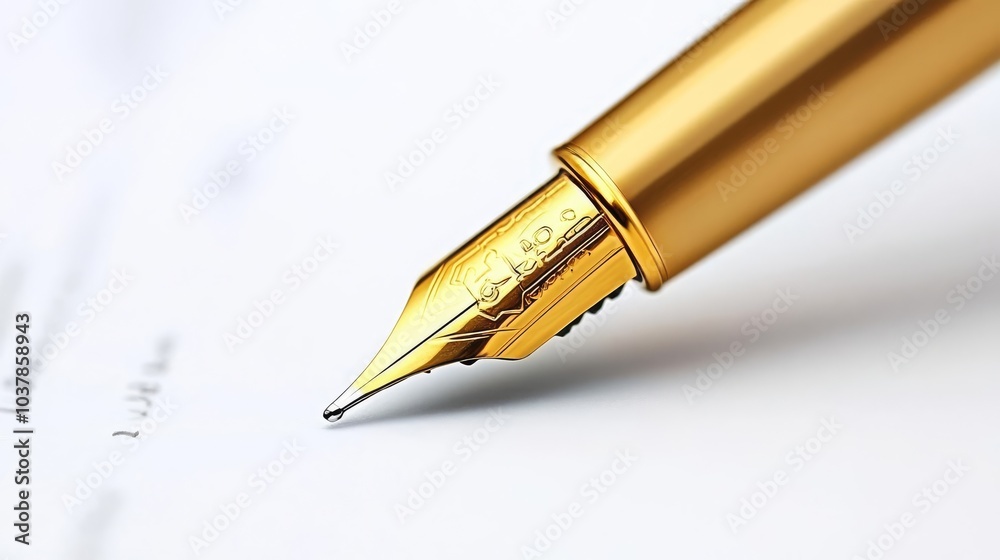Gold fountain pen on paper, elegant writing instrument close-up. Gold fountain pen on paper, elegant writing instrument close-up.