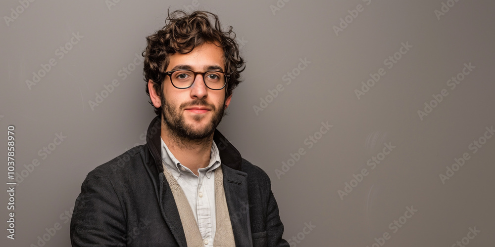 Obraz premium Stylish Young Man with Glasses Posing Against a Neutral Background