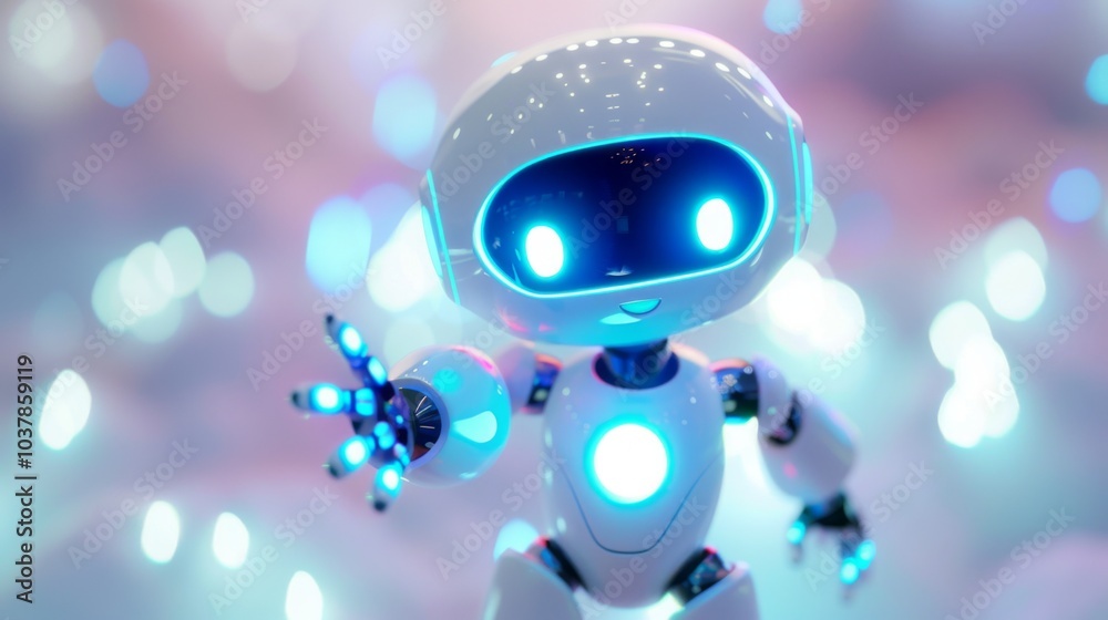 Positive cute robot pointing at a space. Copy space Positive cute robot pointing at a space. Copy space