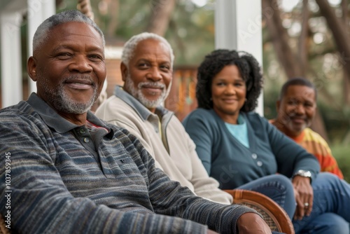 Portrait of a group of senior African American men and women sitting in the park.