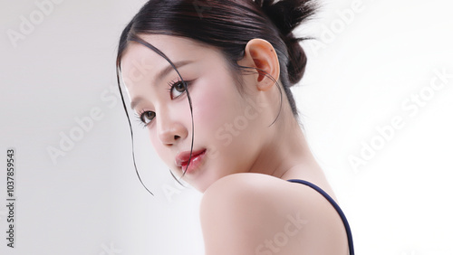 Obraz na plátně Beautiful young Asian woman with K beauty style makeup and perfect skin on isolated white background