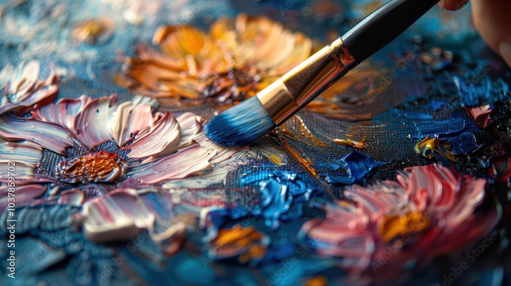 Obraz premium Artist painting on canvas, vibrant colors, creative process, studio shot, detailed