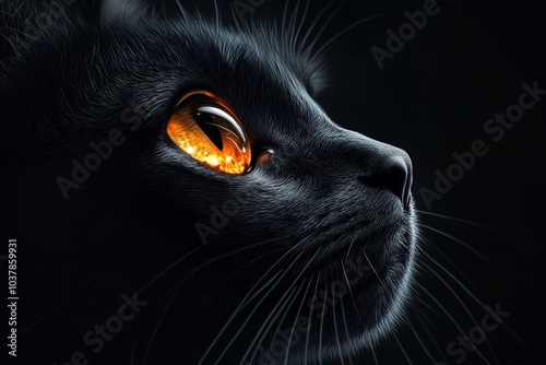 Close-up of a black cat's face with glowing amber eyes, looking to the side against a dark background.