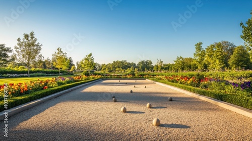 A serene outdoor bocce ball court with neatly arranged balls and a smooth gravel surface, surrounded by colorful flower beds and a clear blue sky, early morning light enhancing the peaceful atmosphere photo