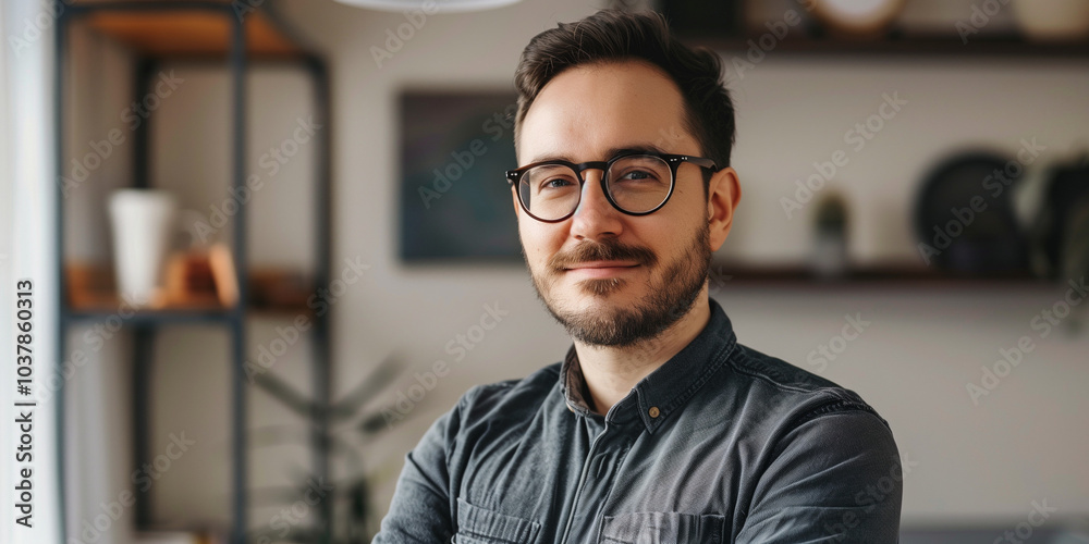Fototapeta premium Confident Young Man in Stylish Glasses Posing in Modern Home Interior