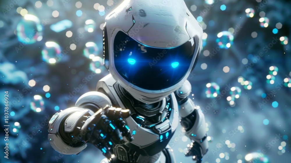 Fototapeta premium Positive cute robot pointing at a space. Copy space
