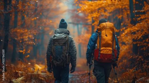 Friends hiking in nature, vibrant colors, scenic routes, dynamic action, inviting