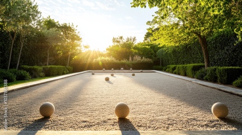A serene outdoor bocce ball court with well-maintained gravel and neatly placed balls, surrounded by lush greenery and a clear sky, early morning light enhancing the peaceful setting