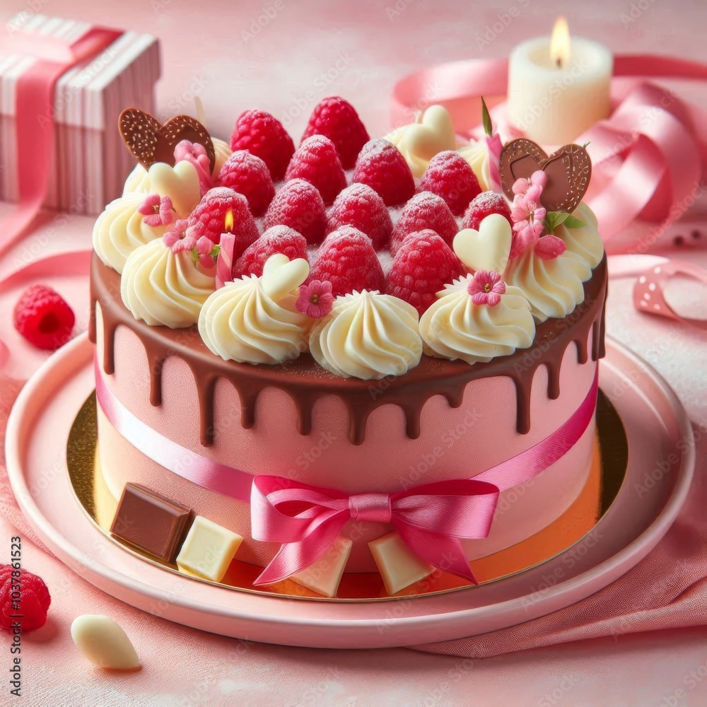 Indulgent raspberry mousse chocolate cake decorated with white chocolate, set on a pink heart plate Indulgent raspberry mousse chocolate cake decorated with white chocolate, set on a pink heart plate