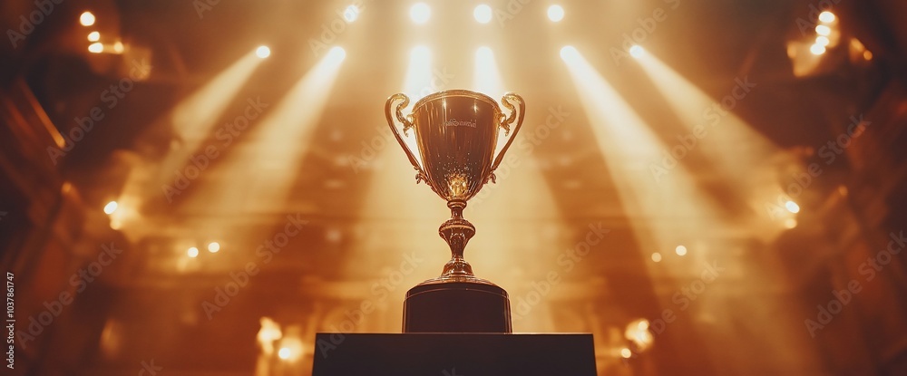 A gold trophy with two handles sits on a black base under a spotlight. A gold trophy with two handles sits on a black base under a spotlight.