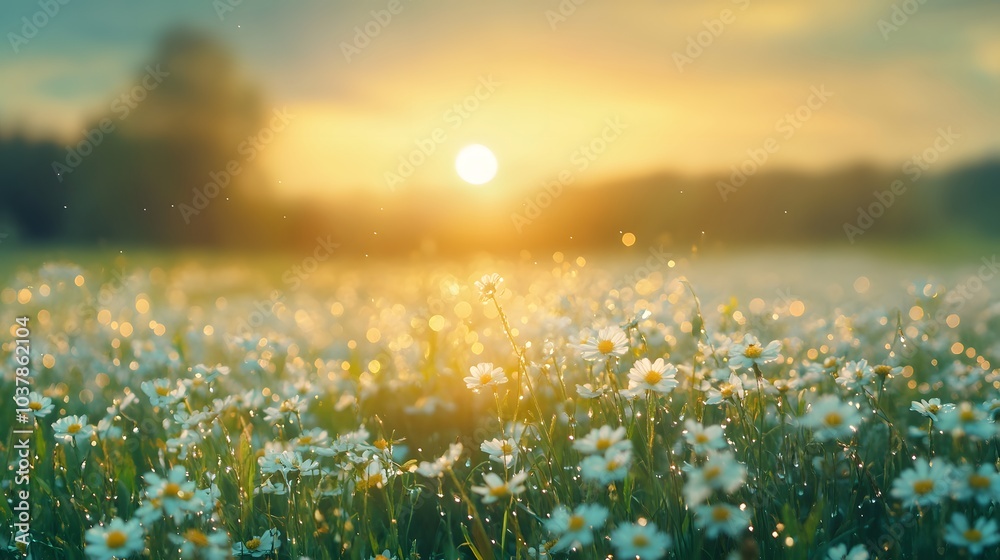 Fototapeta premium A flower field at dawn, with the rising sun casting a soft glow over the dewy petals