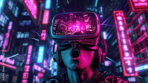 Virtual reality experience in a neon lit urban environment with a person wearing VR headset, showcasing vibrant colors and futuristic cityscape