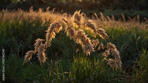 Animation of Winter’s First Snowfall on Reed Grass. Light snow covering reed grass fields under a quiet winter sky. Realistic motion. photo