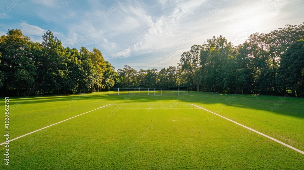 A serene outdoor cricket net practice area with lush green grass, freshly painted white lines, and a backdrop of trees A serene outdoor cricket net practice area with lush green grass, freshly painted white lines, and a backdrop of trees