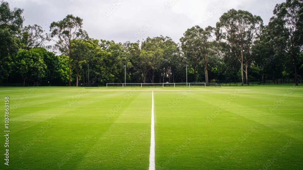 Fototapeta premium A serene outdoor cricket net practice area with lush green grass, freshly painted white lines, and a backdrop of trees