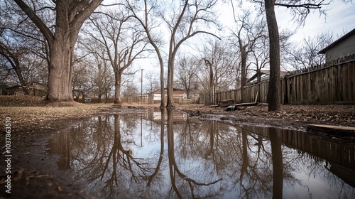 Wallpaper Mural Backyard with standing water reflecting the surrounding trees and sky, capturing the serene beauty of nature's reflection and the tranquility of a still moment. Torontodigital.ca