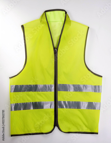 Bright yellow safety vest with reflective stripes, a zipper closure, and a simple design. Ideal for construction workers, traffic controllers, or anyone needing high visibility.