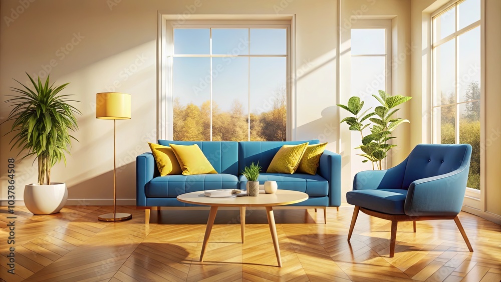 A bright and inviting living room with a blue sofa, a single armchair, and a round coffee table, bathed in warm natural light streaming through large windows. A bright and inviting living room with a blue sofa, a single armchair, and a round coffee table, bathed in warm natural light streaming through large windows.