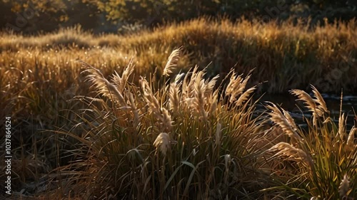 Animation of Reed Grass Blooming in Spring Sunshine. Vibrant reed grass illuminated by soft spring light. Realistic motion. photo