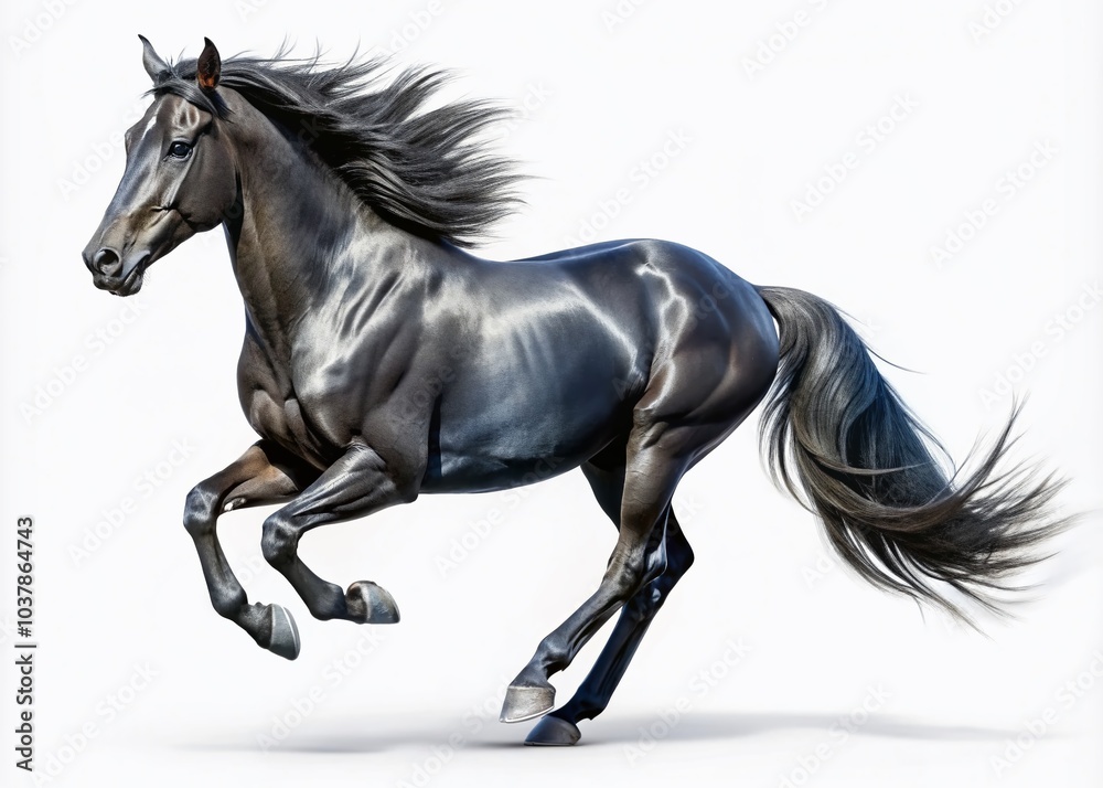 3D Rendering of a Black Horse in Full Running Motion Isolated on a Clean White Background 3D Rendering of a Black Horse in Full Running Motion Isolated on a Clean White Background
