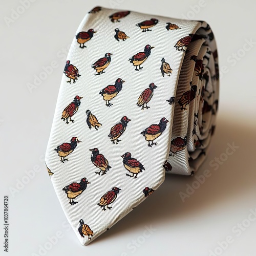 Minimalist necktie design with tiny turkey and pilgrim motifs scattered across a solid background, on white background, Thanksgiving necktie, modern holiday fashion photo