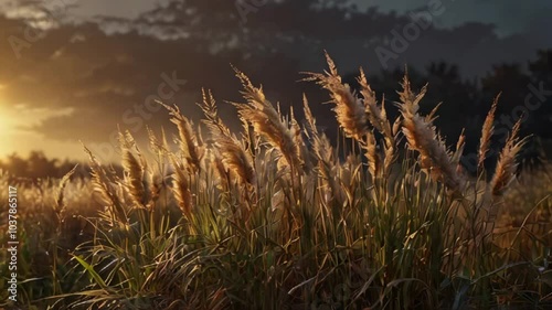 Animation of Spring Blossoms and Reed Grass in Bloom. Colorful flowers blooming among reed grass in spring. Realistic motion. photo