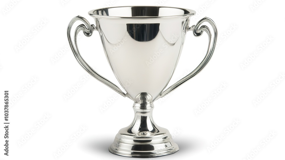 Fototapeta premium Golden trophy cup symbolizing victory, achievement, and excellence standing isolated on a clean white background. Shiny champion award representing competition success, triumph, leadership