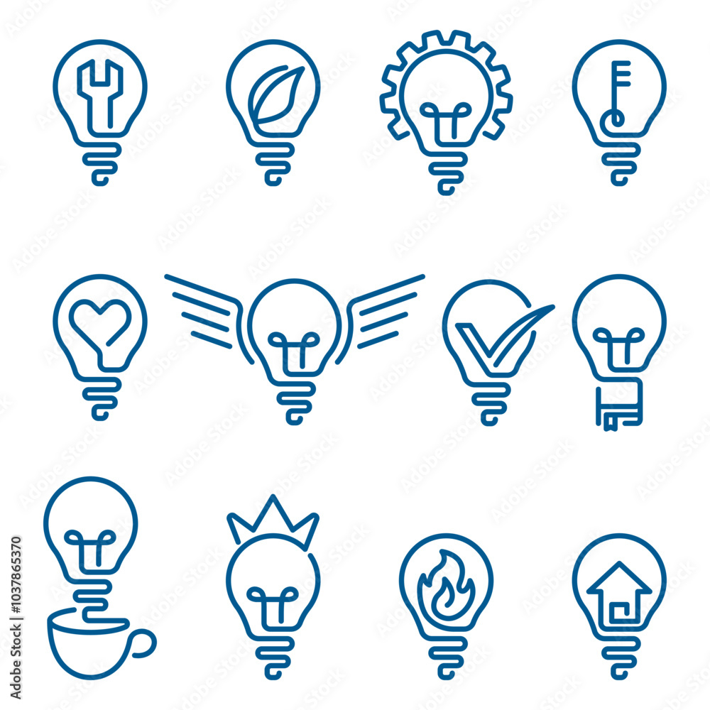 Set Lightbulb Logo Design Element Collection. Editable Line. Adjustable Stroke Width.