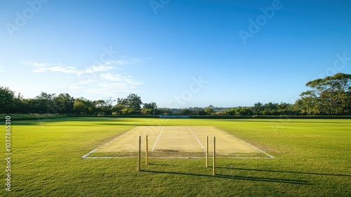 A serene outdoor cricket practice area with a well-maintained pitch and neatly placed wickets, surrounded by open fields and a bright blue sky, early morning light creating a calm ambiance photo