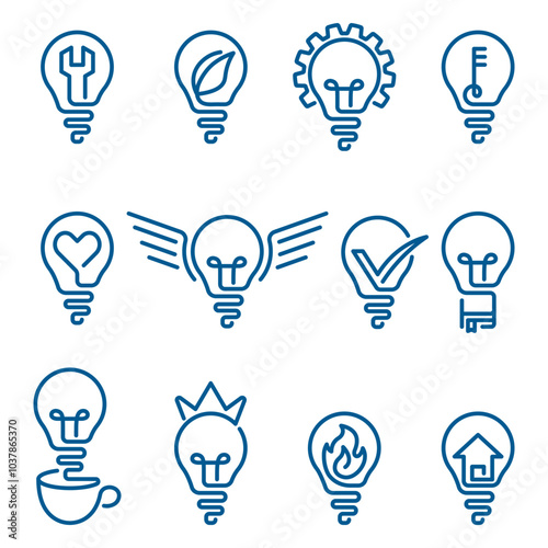 Set Lightbulb Logo Design Element Collection. Editable Line. Adjustable Stroke Width.