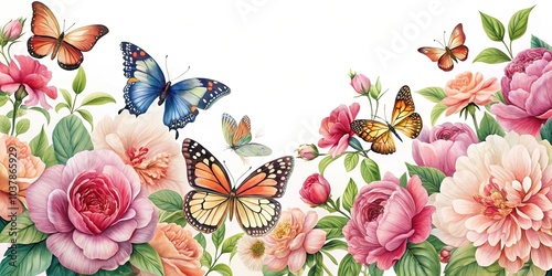 Fototapeta Naklejka Na Ścianę i Meble -  A mesmerizing arrangement of butterflies, hibiscus, roses, and peonies within a charming border