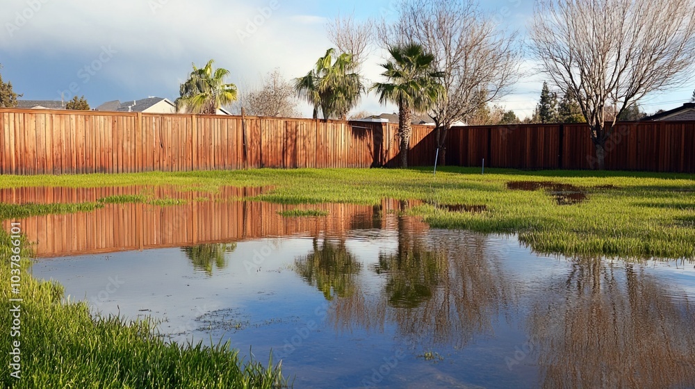 Obraz premium Backyard with standing water reflecting the surrounding trees and sky, capturing the serene beauty of nature's reflection and the tranquility of a still moment.