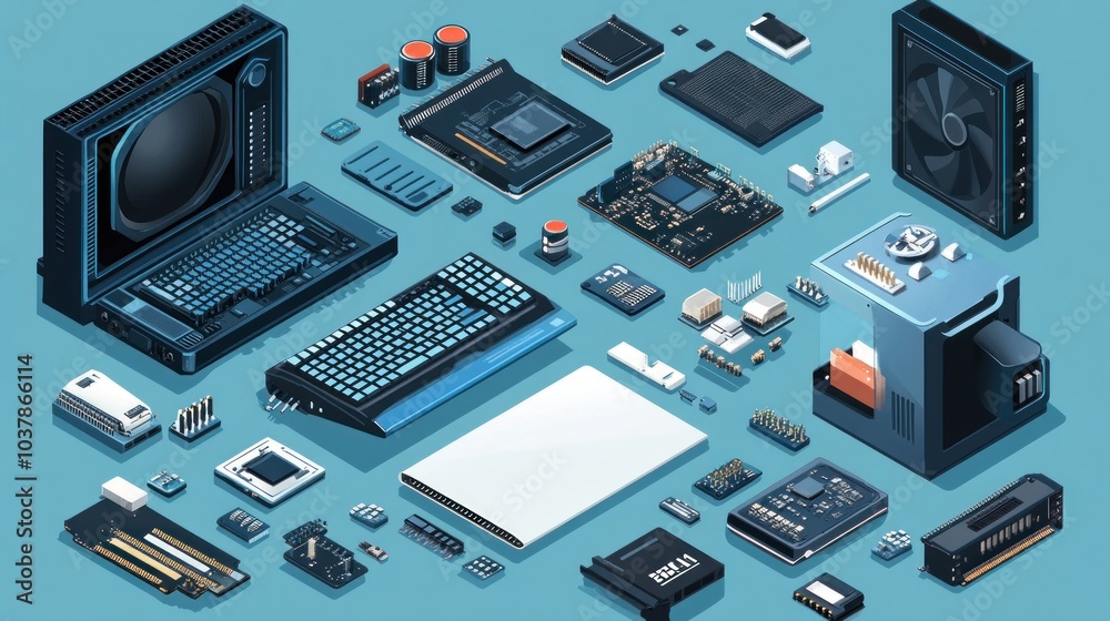 Intricate Computer Components Set on Blue Background Showcasing Technology Innovation Intricate Computer Components Set on Blue Background Showcasing Technology Innovation