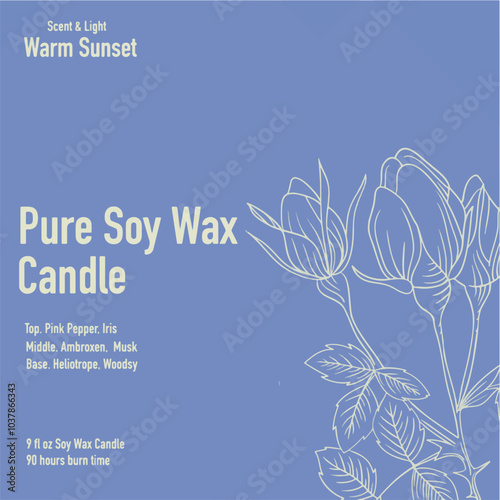 Illustration shows "Warm Sunset pure soy wax candle with pink pepper, iris, musk, and woodsy base for long-lasting, aromatic ambiance."