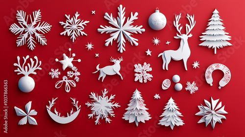 Christmas design elements - doodle xmas symbols 3d vector papercut