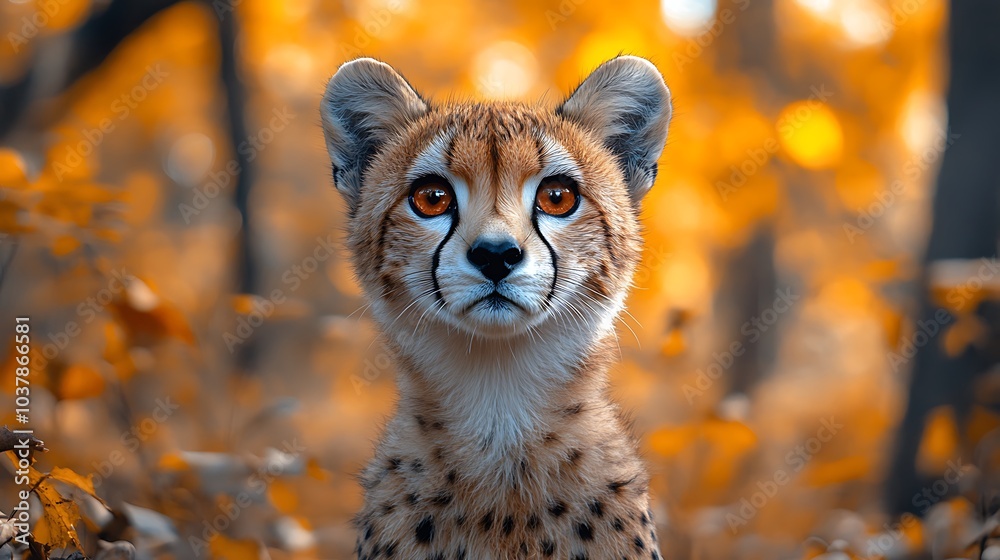 A cheetah with black tear streaks stares intently at the camera with golden foliage in the background. A cheetah with black tear streaks stares intently at the camera with golden foliage in the background.