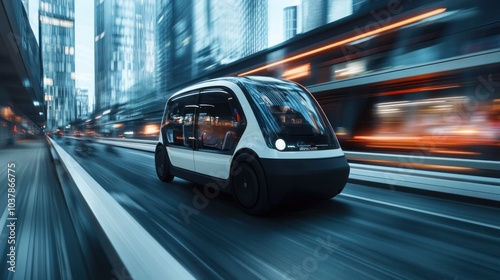 Small, energy-efficient electric vehicle cruising down a futuristic highway, designed for quick and easy navigation through crowded city streets. Compact and sleek design complements the modern city