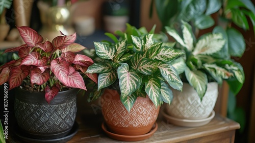 A collection of decorative potted plants showcasing vibrant foliage and textures.