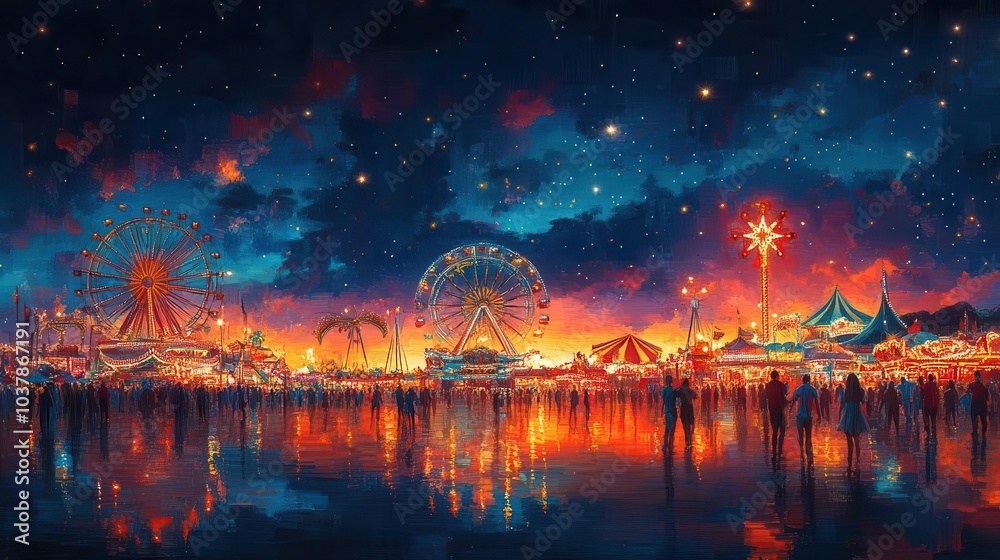 Obraz premium colorful summer carnival bathed in twilight with a backdrop of twinkling lights and lively rides joyous carnivalgoers dance amid a kaleidoscope of colors against the dusky sky