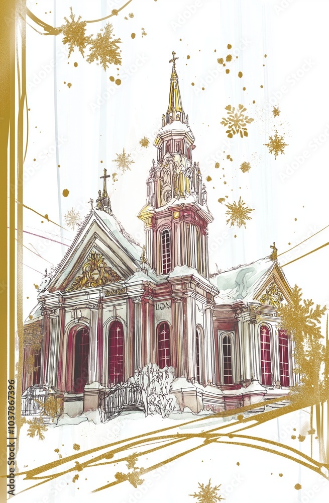 Fototapeta premium クリスマスの雪の降る都市広場の祝祭的な風景