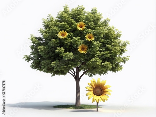 A detailed 3D depiction of Helianthus microcephalus, the woodland sunflower, complemented by a tree, on a clean white photo