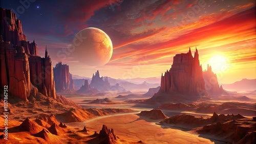 A majestic alien landscape with towering rock formations, a brilliant sunset, and a celestial body in the sky.