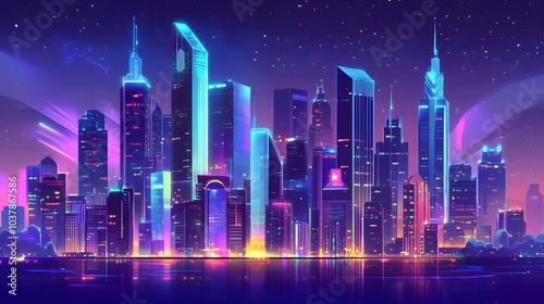 Urban futuristic skyline filled with sleek modern skyscrapers, vibrant lighting, and green infrastructure