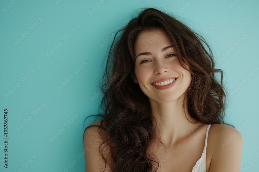 A young woman smiles warmly against a bright turquoise background in a relaxed setting during the day A young woman smiles warmly against a bright turquoise background in a relaxed setting during the day