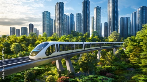 Urban futuristic landscape with high-speed maglev trains, vertical gardens, and automated public transport photo